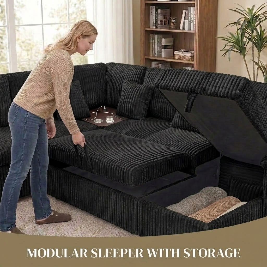 Howcool Modular Sectional Sleeper Sofa, U‑Shaped 7‑Seat Convertible Cloud Couch with Pull‑Out Bed Storage Chaise,USB Charging Ports & Corner Coffee Table Plush Corduroy Couch for Living Room,Black