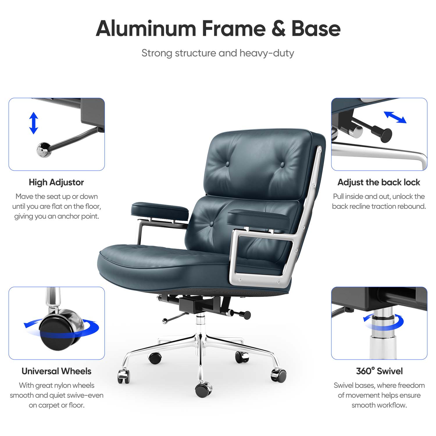 Cottinch Mid Back Genuine Leather Office Chair, Executive Desk Chairs with Aluminum Arms & Thickened Backrest, Ergonomic Office Chair Swivel Office Leather Chair with Lumbar Support, Blue