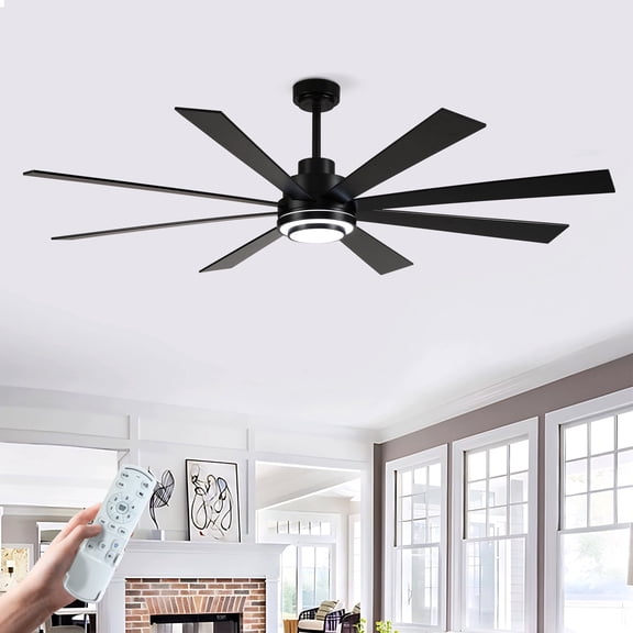 Eowynic 72-Inch Farmhouse Ceiling Fan with Light, Remote Control, 8-Blade, 6-Speed, DC Motor, 2 Downrods, Black