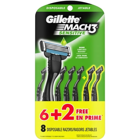 Gillette Mach3 Sensitive Mens Disposable Razors, 6 Pack plus 2 Razors