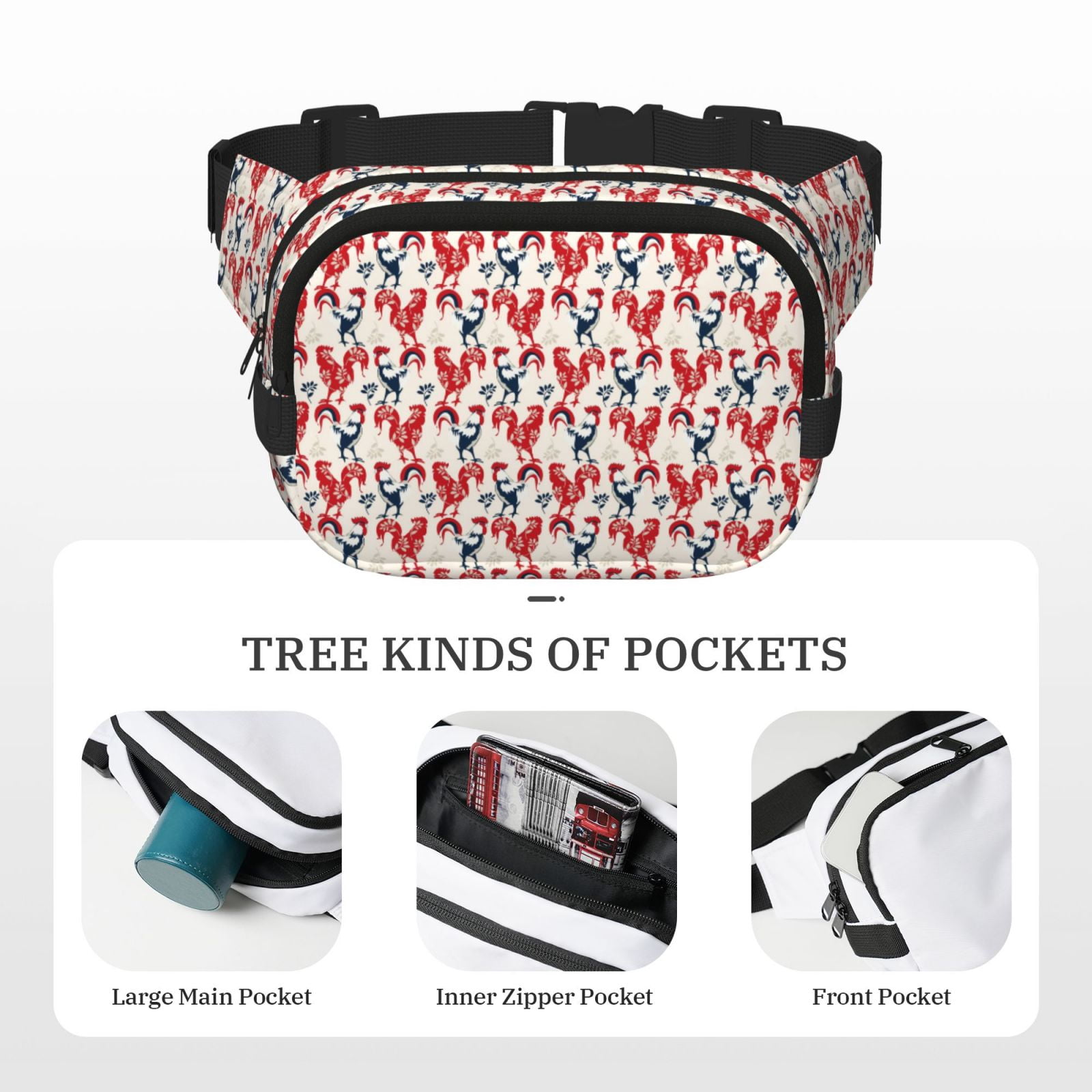 Picia Roosters Print Square Double-Layer Waist Bag Mini Adjustable Waist Belt Bag Exercise Running Travel Hiking