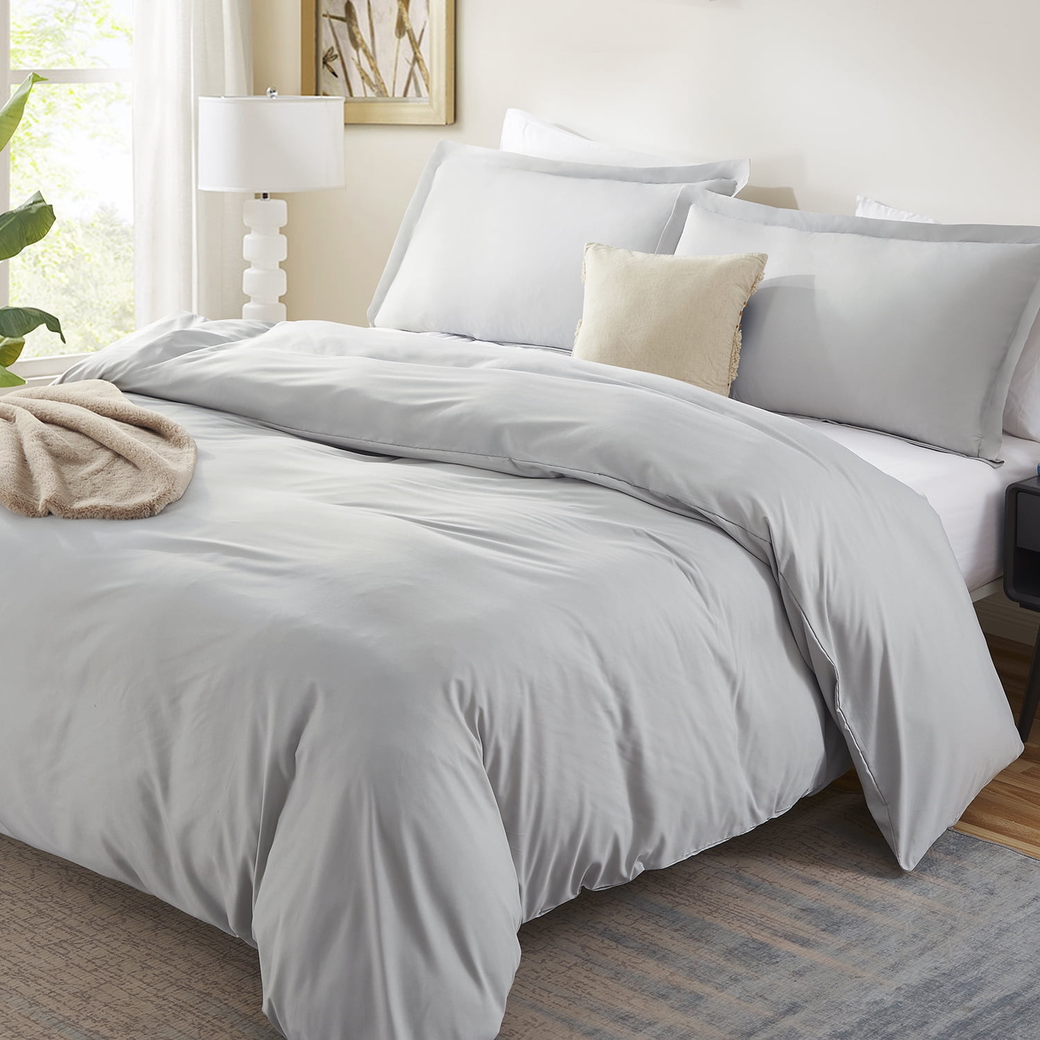LammaLoe Duvet Cover Queen, Luxury Microfiber Bedding Sets with 2 Pillow Shams,Silver Grey
