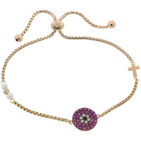 Pori Jewelers Freshwater Pearl and CZ 18kt Rose Gold-Plated Sterling Silver Circle Friendship Bolo Adjustable Bracelet