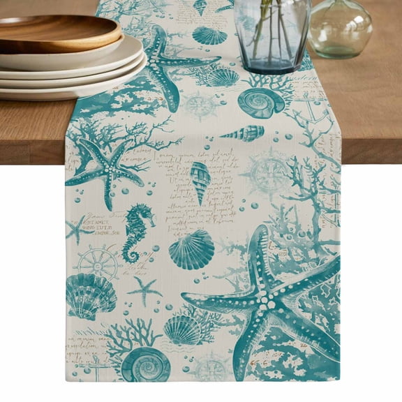 Turquoise Starfish Table Runner, Ocean Nautical Seahorse Coral Shell Washable Cotton Linen Table Runners 108 Inches Long, Dresser Scarf Runner for Dining/Living Room/Kitchen/Square Tables 13''x108''