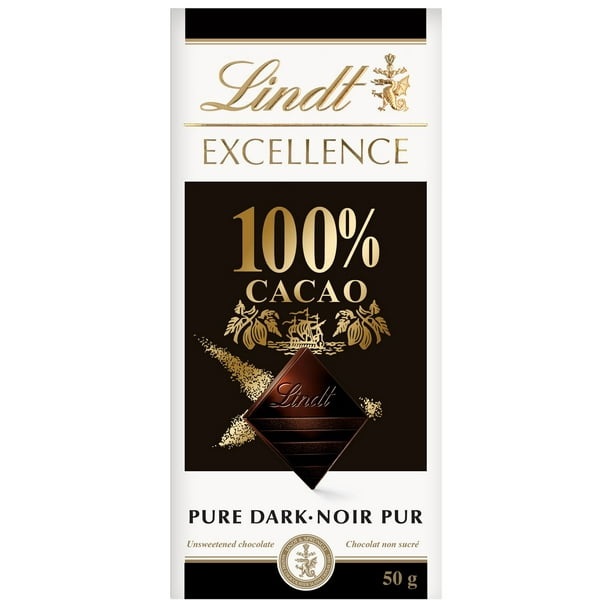 Chocolat noir Lindt EXCELLENCE à 100 % de cacao – Barre (50 g) Contient du cacao pur à 100 %.