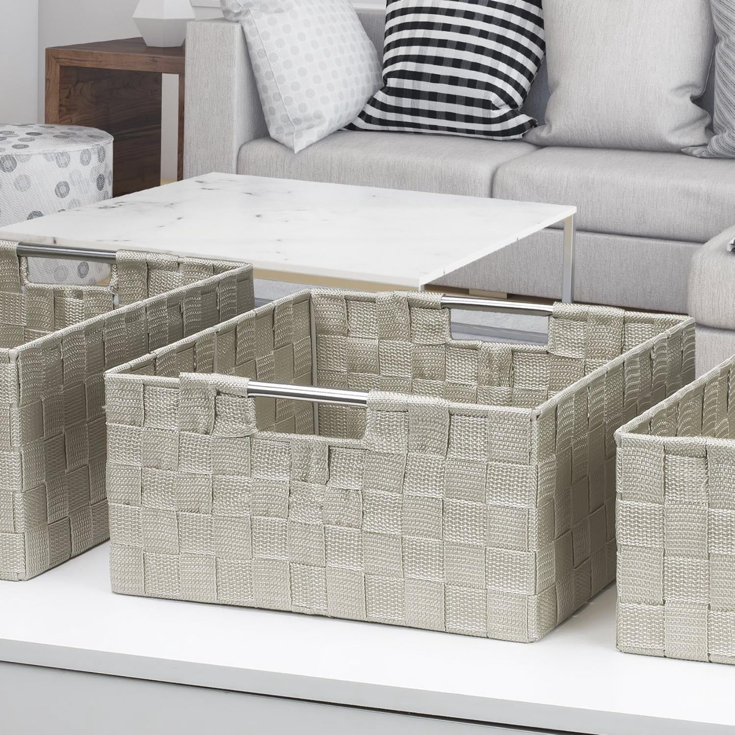 Sorbus 3 Piece Woven Storage Basket Set, Stackable Cube Bins with Handles, Beige Organizer Totes