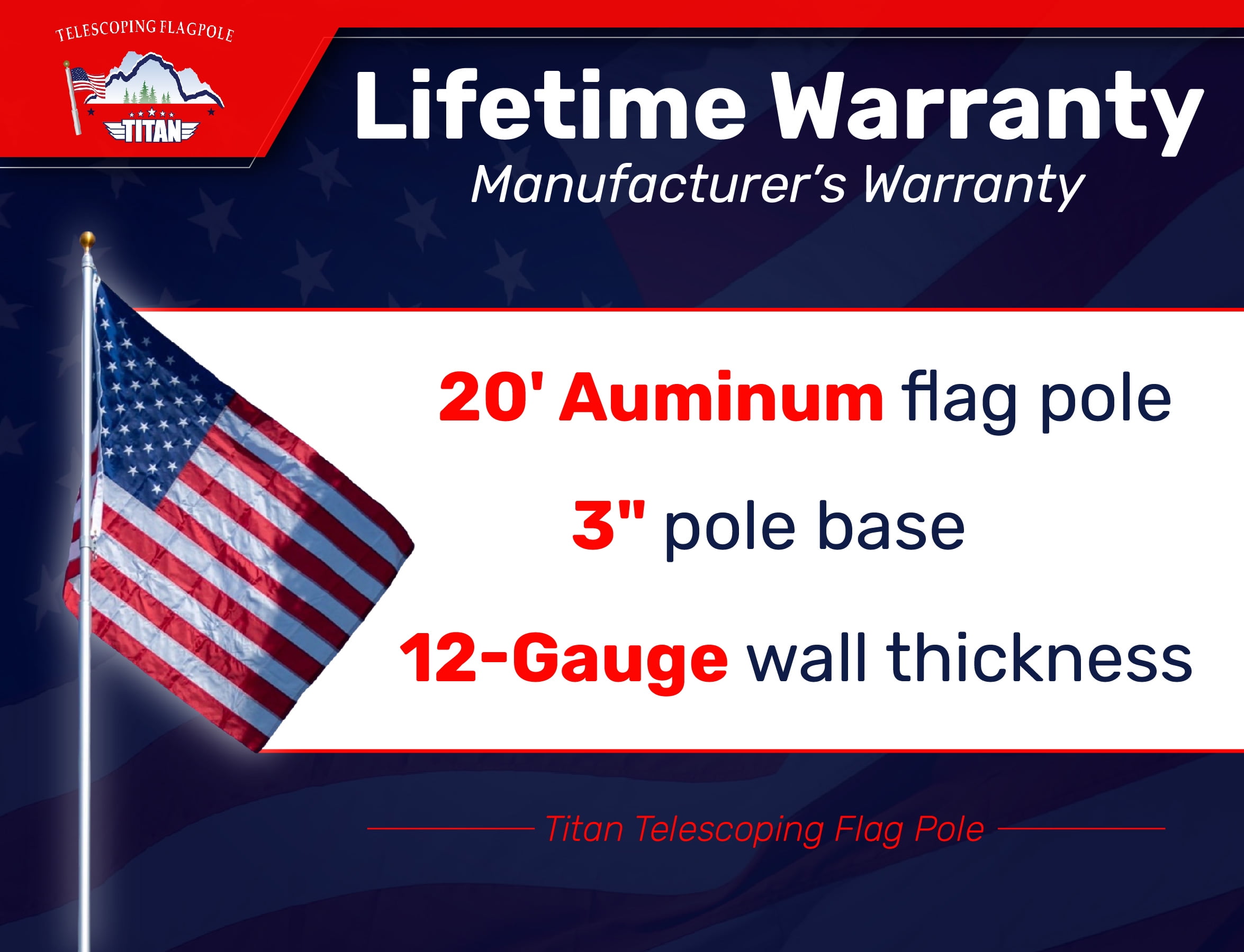 Titan Telescoping Flag Poles, 20ft Silver – Heavy Duty Flag Pole Kit, Includes Aluminum Telescoping Flag Pole, 4 x 6 American Flag, Hardware for 2 Flags and Detailed Installation Instructions