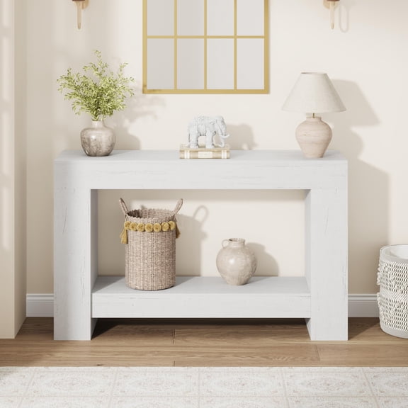 47.2 Inch Farmhouse Console Table, 2-Tier Entryway Table with H-Shaped Base, Narrow Sofa Table for Hallway and Living Room (White)
