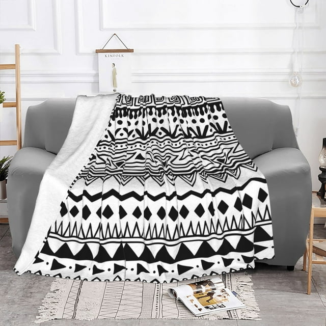 YFYANG Couverture Légère en Flanelle Chaude, Rayures Bohémiennes Noir et Blanc pour Lit, Canapé, Voyage, Camping, 60"x50 Pouces