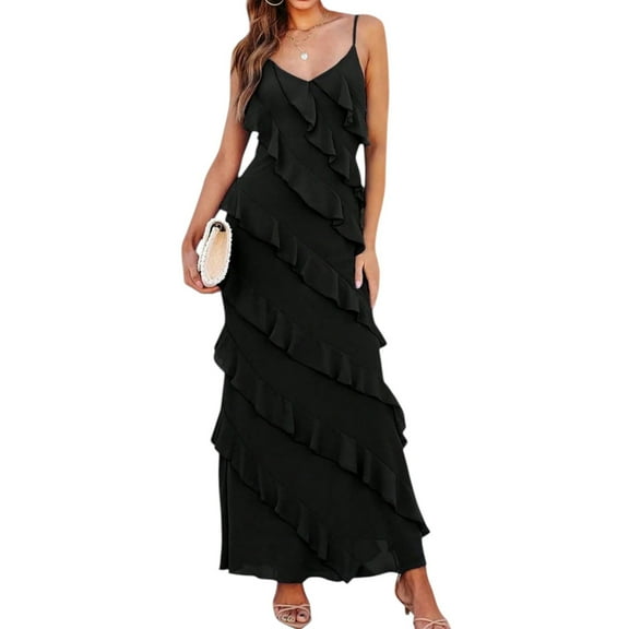 Women's Black Chiffon Maxi Dress – Sexy Backless V-Neck Spaghetti Strap Ruffle Bodycon Gown for New Year Party Evening Events