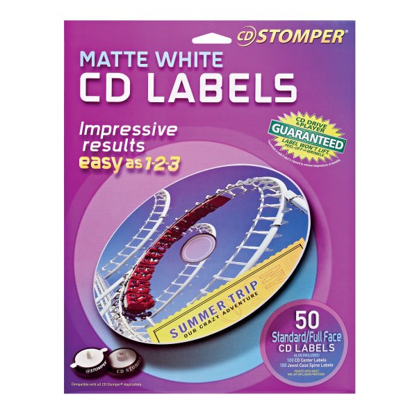 CD Stomper® Matte White Inkjet/Laser CD Labels, 98108, Pack Of 50