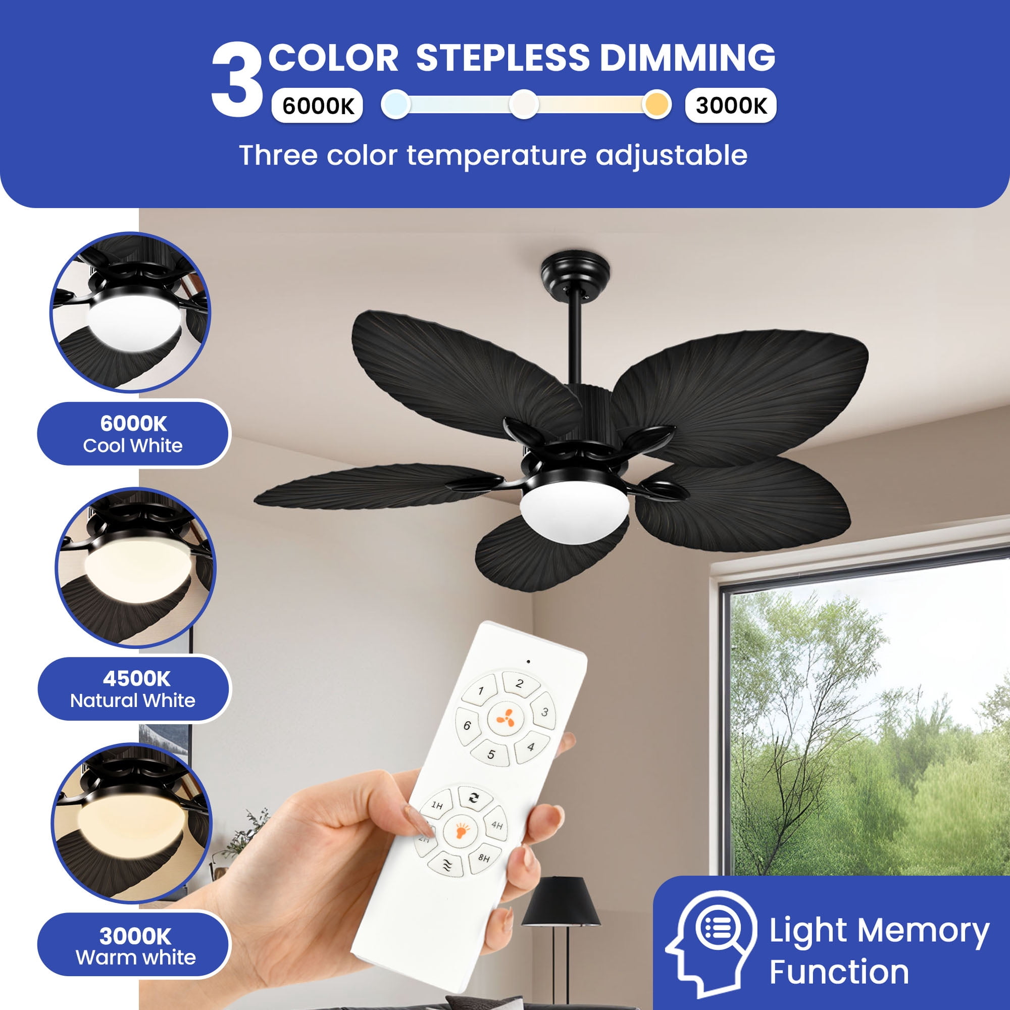ModFusion 52in Gothic Troplical Ceiling Fan Light, 6-Speed Remote, 5 Palm Leaf Blades, Black