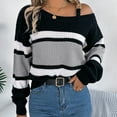 thumbnail image 5 of Contrast Color Striped Long Puff Sleeve Women's Pullover Casual Loose Fit Sweater Cold Shoulder Metal Buckled Jumper Top, 5 of 9
