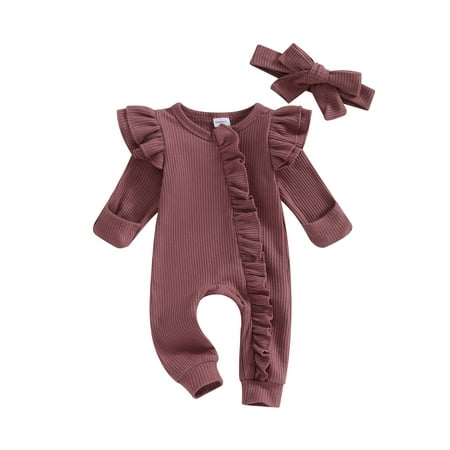 

BABAMOON Newborn Baby Girls Solid Color Waffle Jumpsuit Long Sleeve Ruffle Romper Playsuit with Headband Spring Fall Clothes