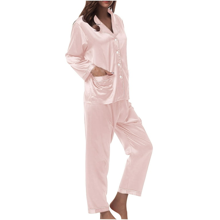 PATLOLLAV Womens Clearance,Women Silk Satin Pajamas Set Two-Piece Sleepwear  Loungewear Button-Down Sets