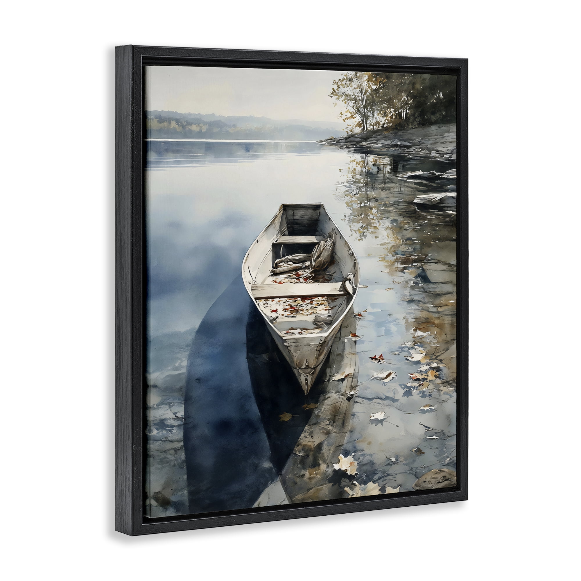 Stupell Industries Boat In The Fall Reflection Black Framed Floater Canvas Wall Art, design by Franklyn Gregory