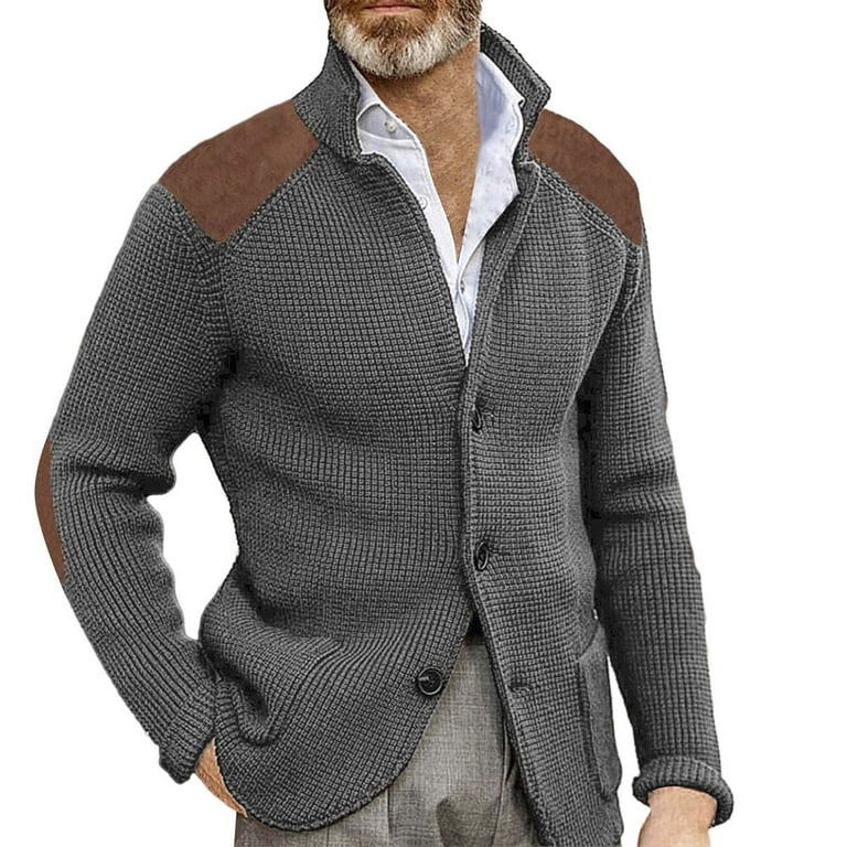 Mifelio Mens Cardigan Sweater Mens Casual Button Cuff Shoulder Patch Slim Warm Sweater Cardigan Jacket Sweater Cardigan Slim Lapel Long Sleeve Knit Jacket Mens Sweater Grey XXL Walmart