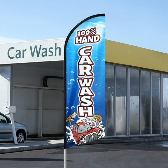 QSUM 100% Hand Carwash Themed Swooper Flag, 11FT Hand Carwash Advertising Feather Flag , 100% Hand Carwash Signs for Businesses and Storefronts(Flagpole NOT Included)
