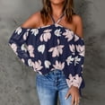 thumbnail image 3 of Babysbule Womens Tops Casual Loose Women Flowers Printing V-Neck Long Sleeve Halter workout Off Shoulder T-Shirt Casual Tops Blouse On Outfit, 3 of 5