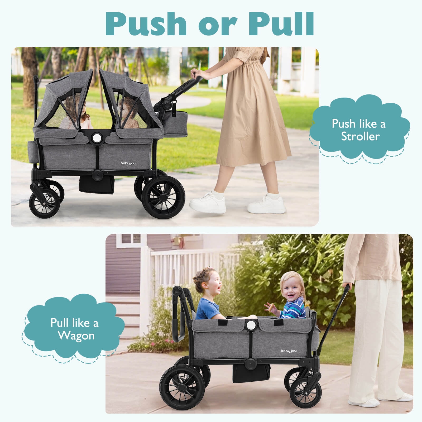 Infans Wagon Stroller for 2 Kids Push Pull Double Stroller with Adjustable Handle