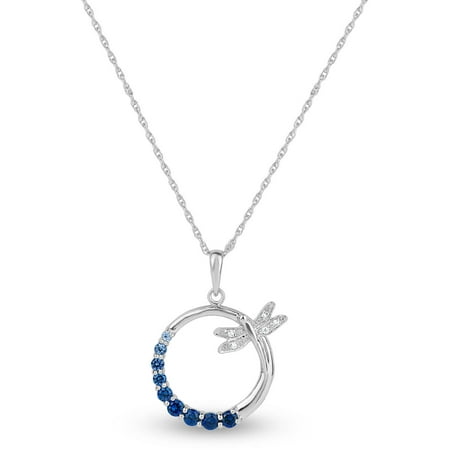 Created Blue and White Sapphire Sterling Silver Graduated Circle of Stones with Dragonfly Pendant, 18