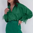 thumbnail image 2 of XFLWAM Women's Satin Silk Button Down Shirt Lapel Long Sleeve Feather Cuff Blouse Office Work Tunic Tops Green S, 2 of 9