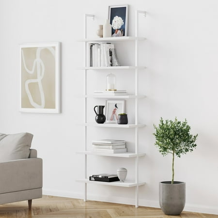 Nathan James Theo 6-Shelf Tall Bookcase Wall Mount Bookshelf White Wood with White Metal Frame White