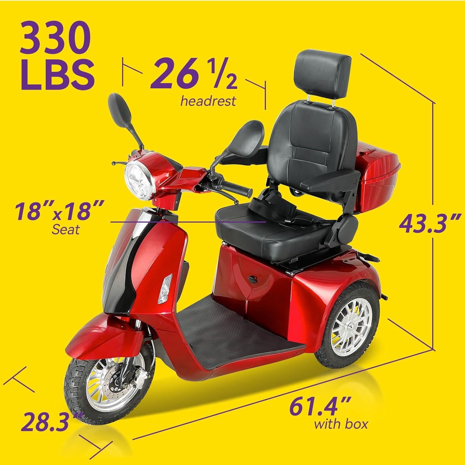 Mobility Scooters Secure 800W 3-Wheel Mobility Scooter with Charger, Red, 350 lb Limit