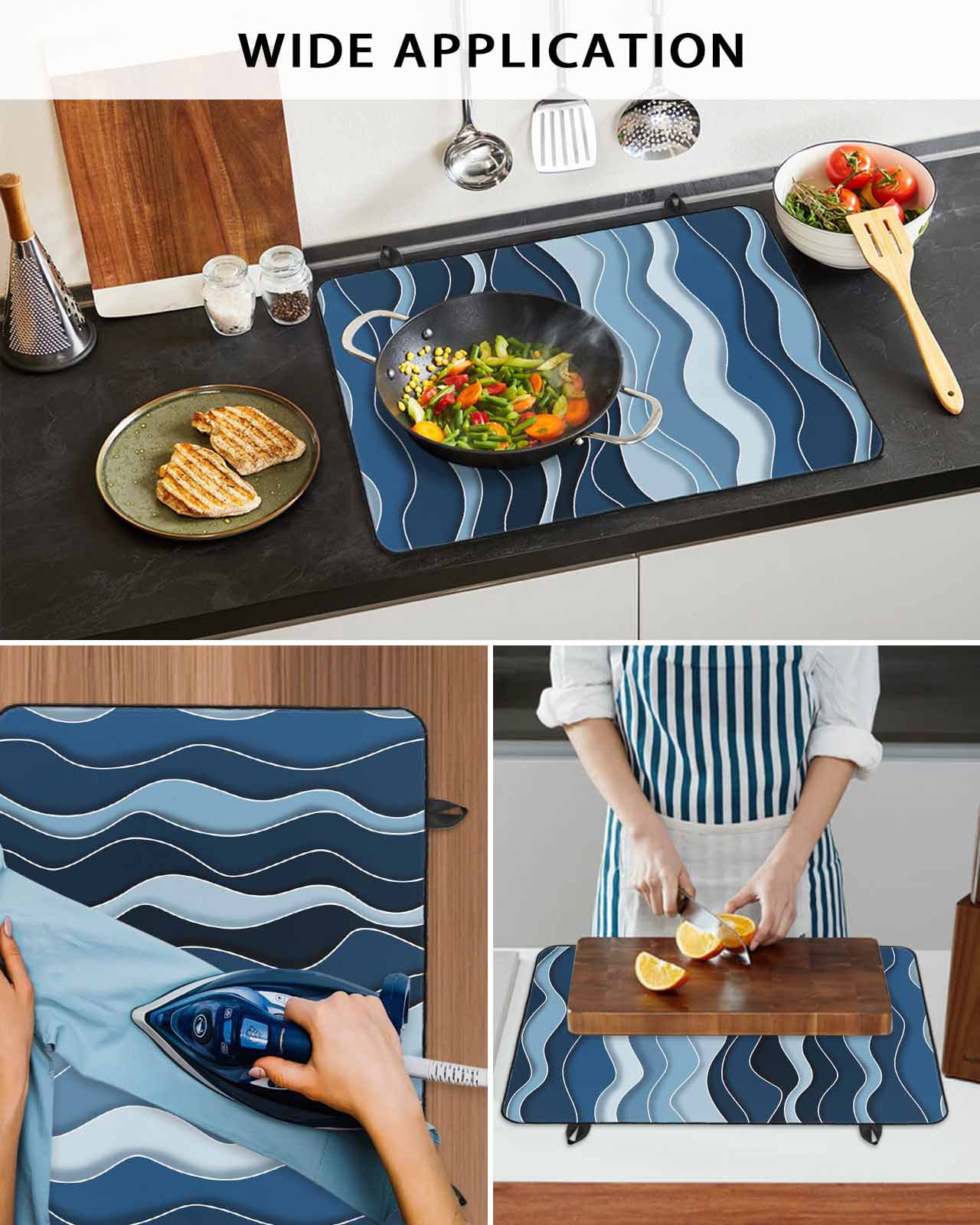 nqOlkjepod Large Induction Cooktop Protector Mat 36"x21", Abstract Blue Moire Stove Top Covers for Electric Stove, Gradient Coastal Ocean Geometric Waves Stove Burner Cover Mats Stove Cover