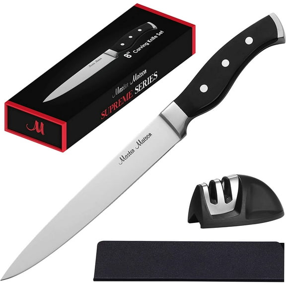 Master Maison 8" Professional Carving Knife Set | Premium German Stainless Steel Slicing Knife With Dual Sharpener & Edge Guard | Ergonomic, Triple-Riveted Handle ( Black)