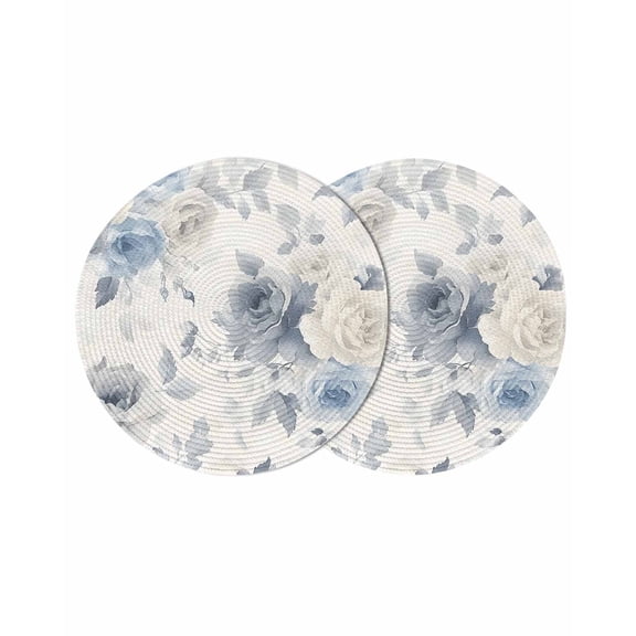 Blue White Floral Round Placemats Set of 2 for Dinning Tables,Heat-proof Braided Table Mats 15 Inch,Botanical Garden Flowers Leaves Washable Place Mat for Kitchen Restaurant Party Decor Table Setting