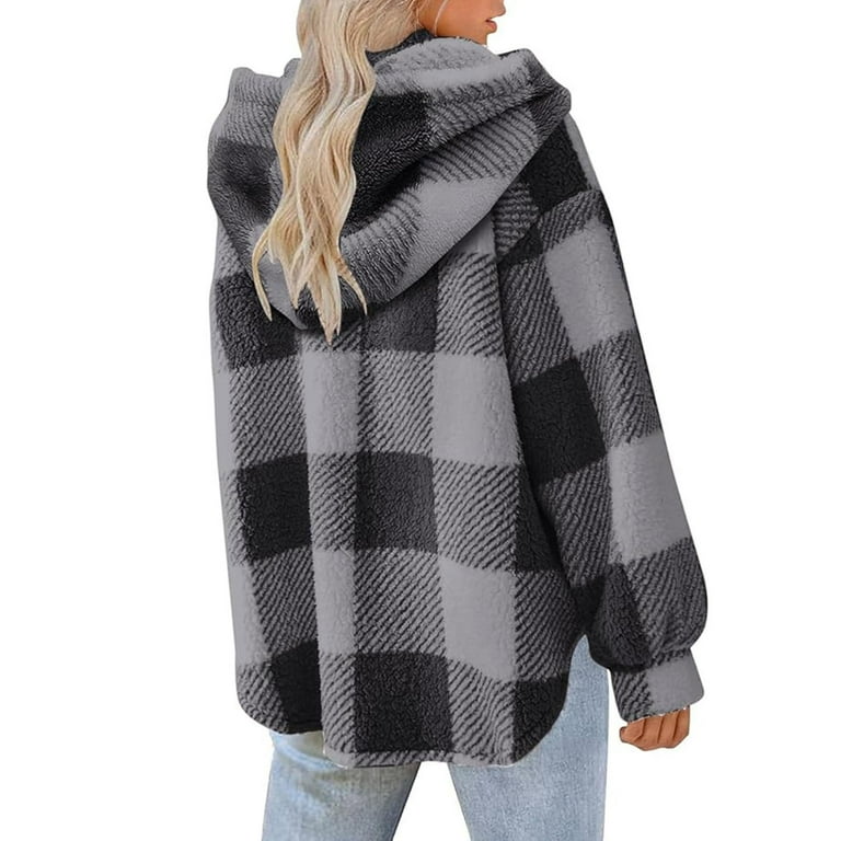 nerohusy Fleece Plaid Jacket Women Hooded Shacket Flannel