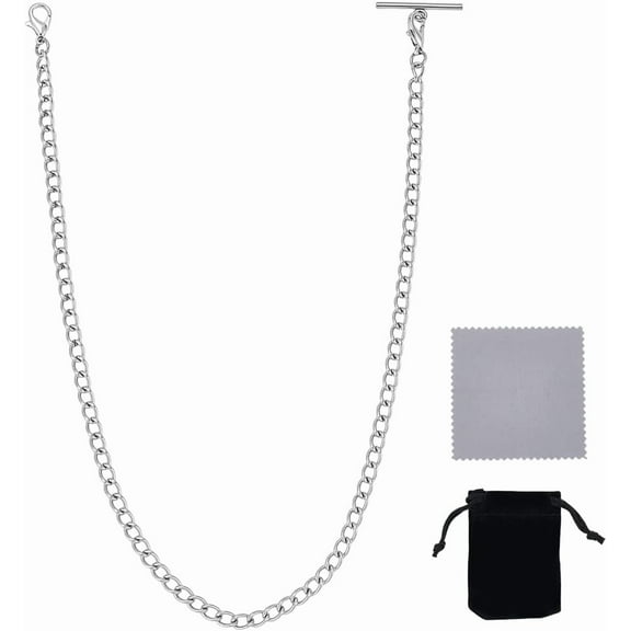 14.3 Inch 304 Stainless Steel Watch Chain Silver Suit Vest Chain Pocket Watch Fob T Bar Men's Pocket Link Chains Vintage Style Wallet Chains