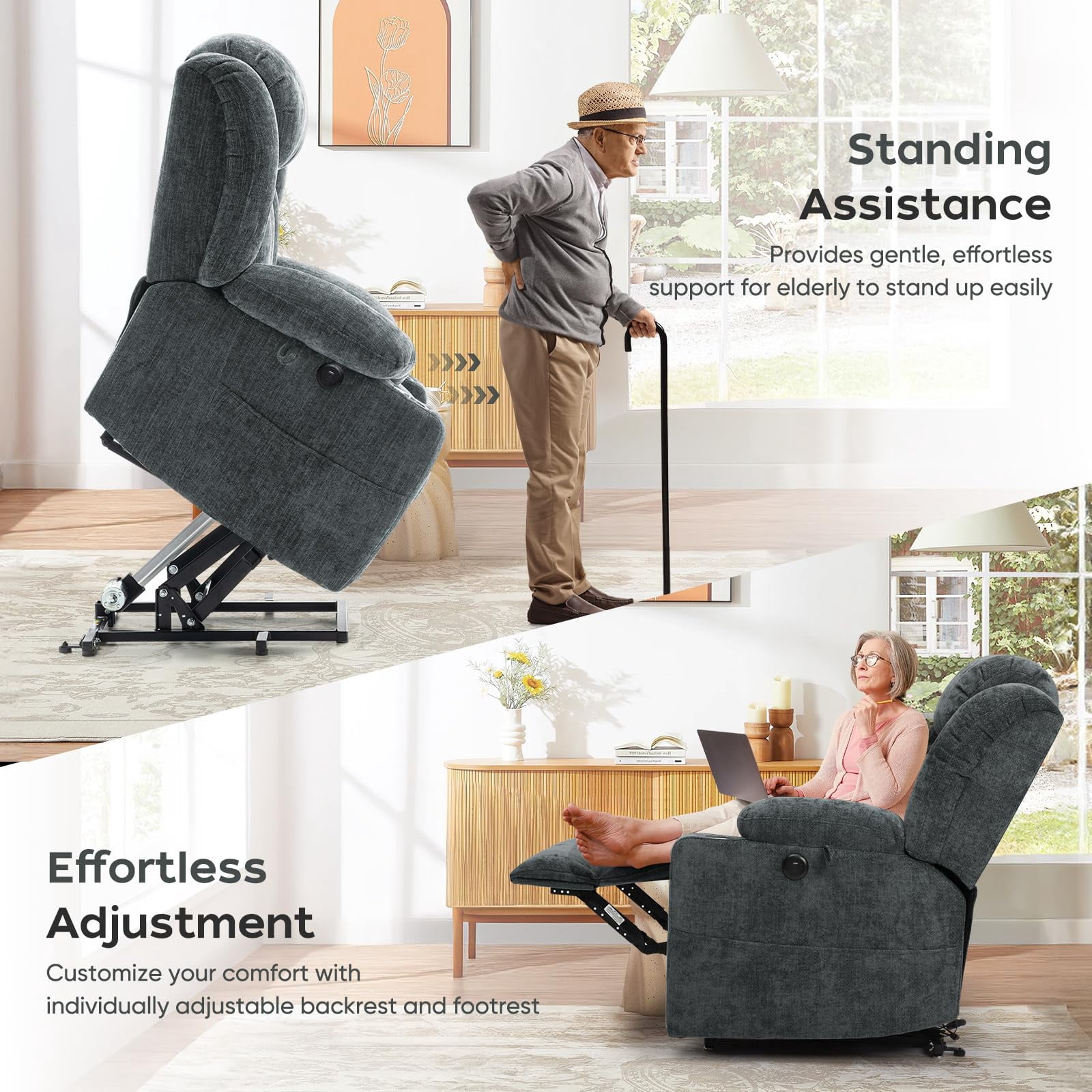 WACASA Lay Flat Recliner Chair with Heat and Massage, Dual Motor Lift Chairs for Elderly with Cup Holder, USB Ports, Oversized Power Recliners for Adults-Gray Blue