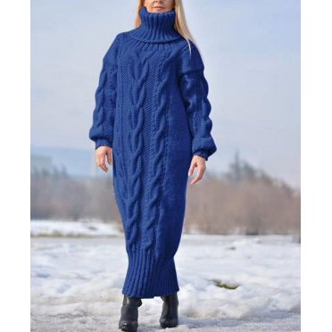 Robe Maxi Tricotée d'Hiver pour Femmes à Manches Longues et Col Montant