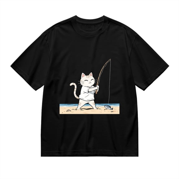 Black T Shirts for Men, Cat Fishing Beach Graphic Mens Graphic Tees, 24846403,S