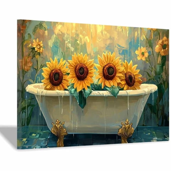Mudket Framed Ready to Hang Sunflower in Tub Print, Farmhouse Floral Wall Decor Flower Canvas Artwork for Bathroom Bedroom Living Room Office, Rustic Botanical Floral Pictures - 12"L x 8"W