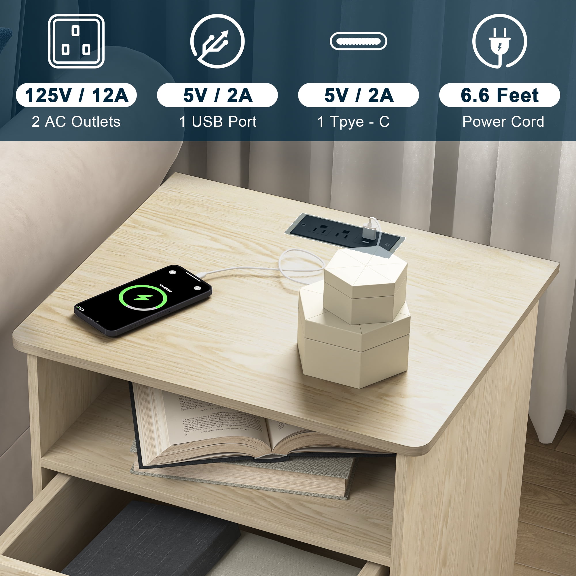 Demi Bonn 18" Side Table with Fast Charging Station USB C Cable Fast Charging, End Table Nightstand with Drawer and Shelf for Bedroom, Living Room, Beige