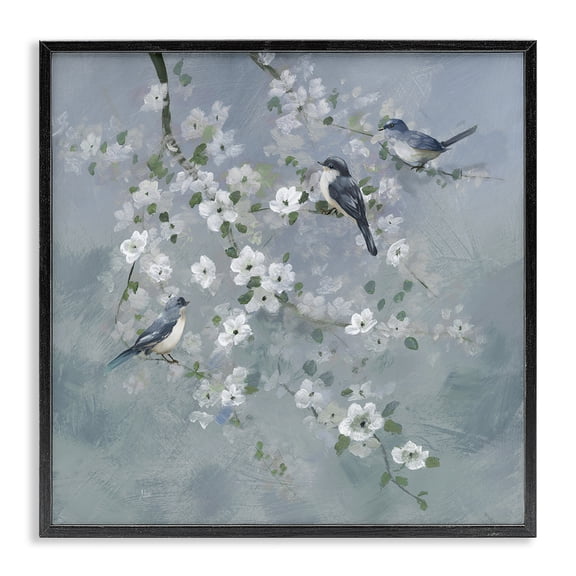 Stupell Industries Farmhouse Serene Birds on White Blooms Black Framed Giclee Art, 12 x 12, by Nan