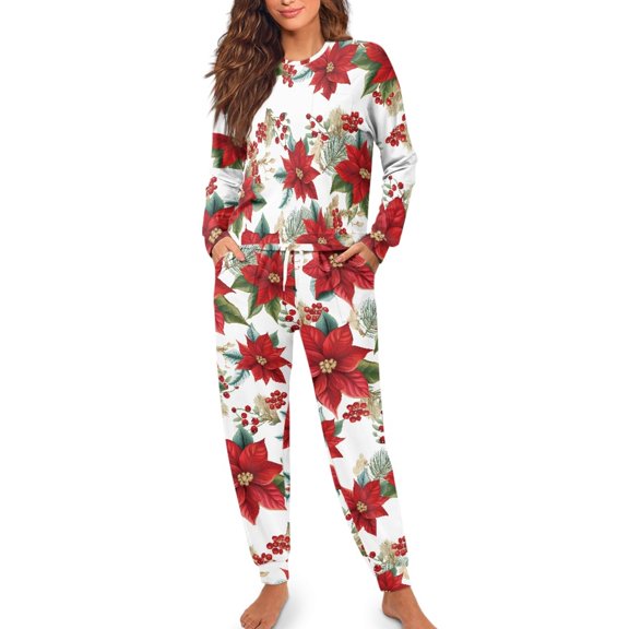 Yuyamidu Poinsettia Women Pjs Sets Long Sleeve Lounge Wear 2 Pieces Christmas Pajamas Top and Pants with Pockets Fall Spring Winter Clothing Soft Sleepwear Size M