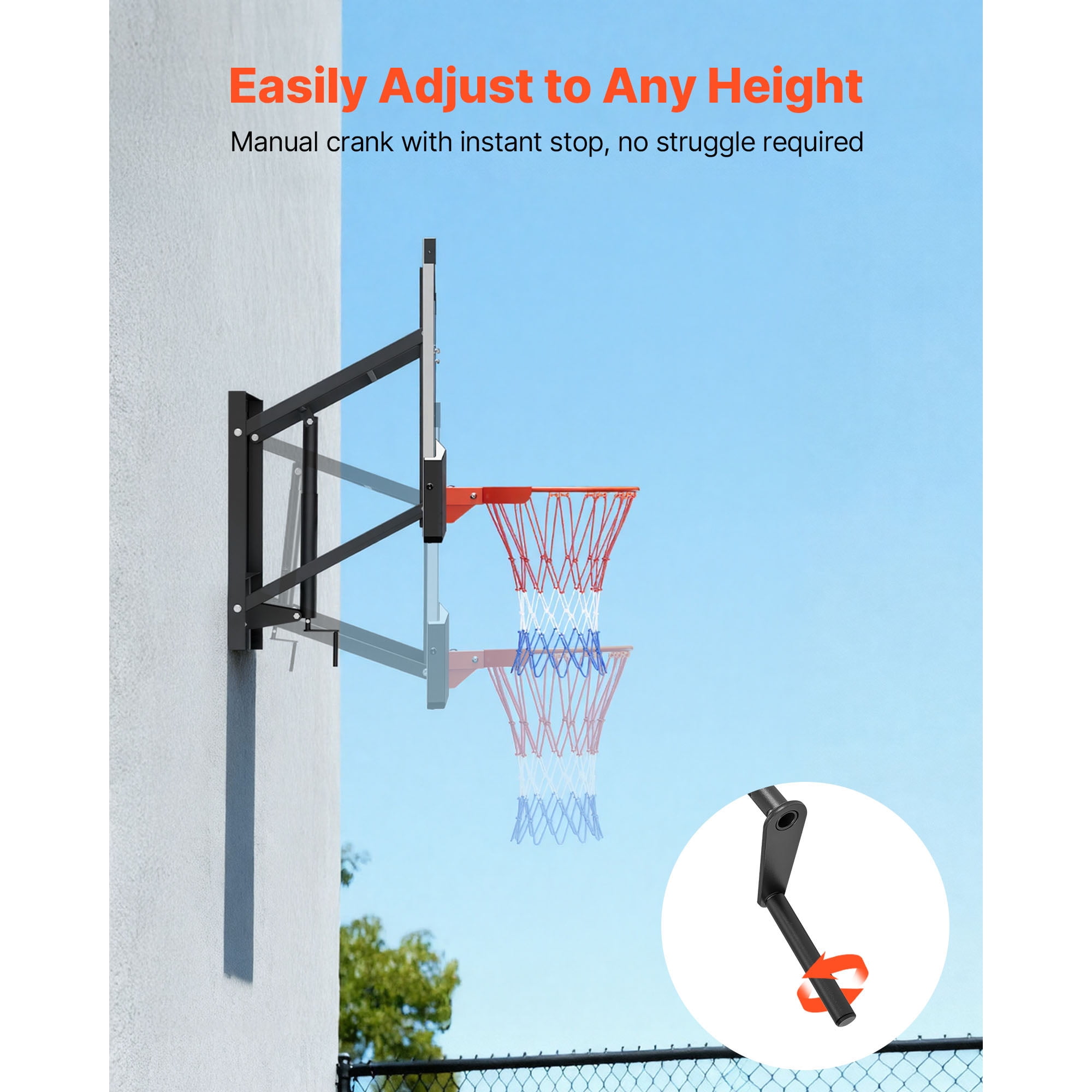 KFFKFF Wall-Mounted Basketball Hoop, 54-inch Polycarbonate Backboard with Hand-Crank Height Adjustment, Durable 0.11-inch Thick Backboard, Classic Design for Indoor and Outdoor Play