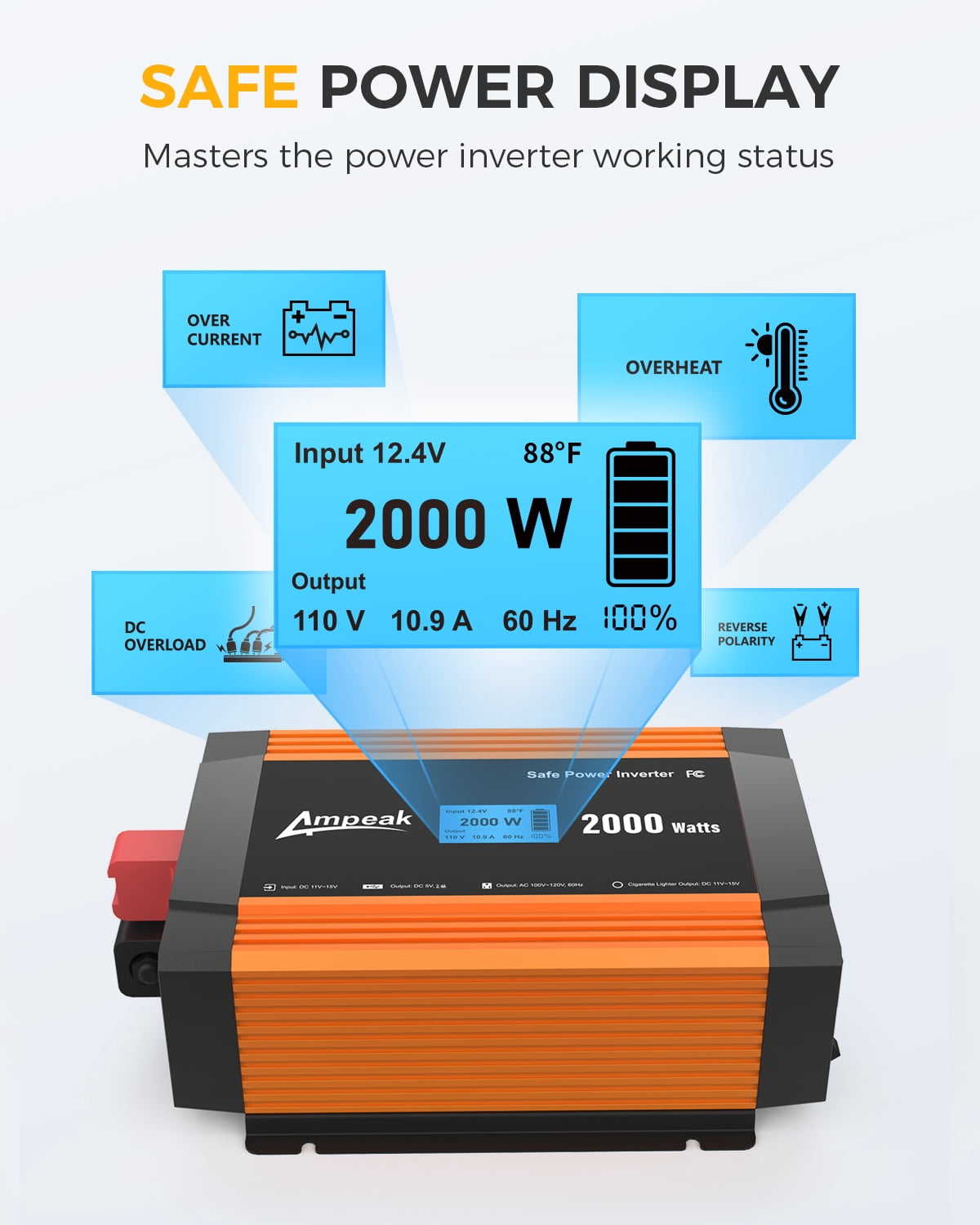 Ampeak 2000 Watt Power Inverter with Remote Control, 3 AC Outlets and USB Port DC 12V to 110V AC Car Converter, ETL certified