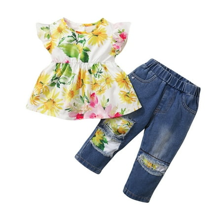 

Fsqjgq Little Girl Babies Sunflower Set Kids Toddler Denim Floral Tops Pants Outfits Ruffle Baby Girls Girls Outfits&Set Baby Girl Floral Print Headband Cotton Blend Yellow 80