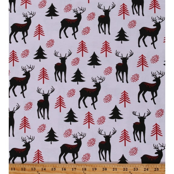 Flannel Deer Pine Trees Silhouettes Northwoods Christmas Holiday Winter White Cotton Flannel Fabric Print by the Yard (85943)