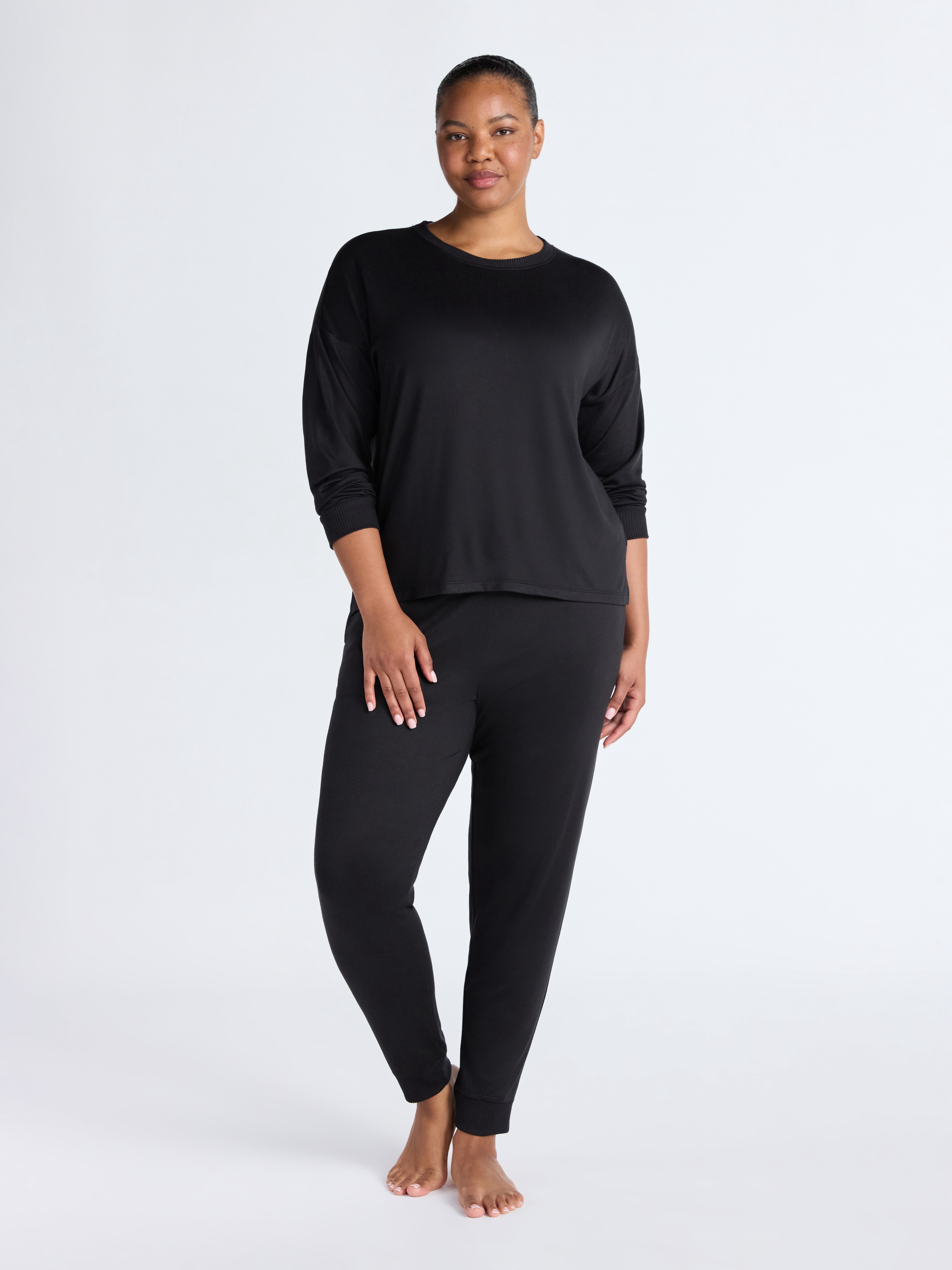 Joyspun Women's Cozy Lounge Collection Hacci Knit Long Sleeve Top and Joggers Pajama Set, Sizes XS-3X