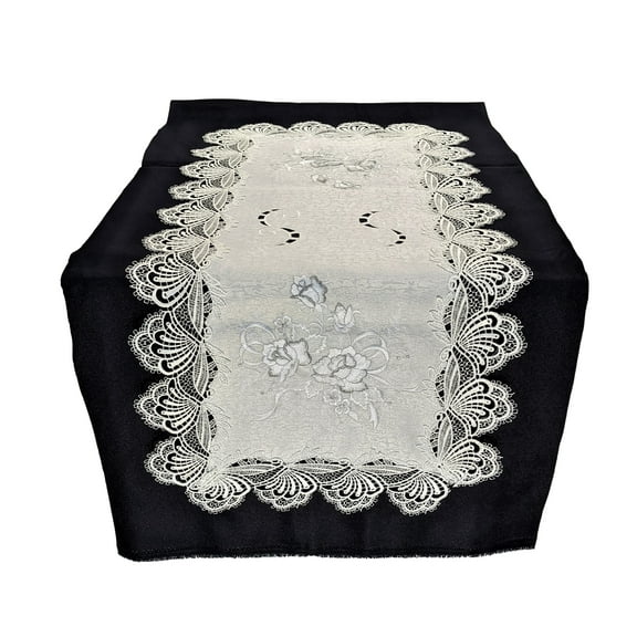 Doily Boutique Table Runner with Gray, Silver, and White Roses on Fabric with Lace Size 35 x 16 inches