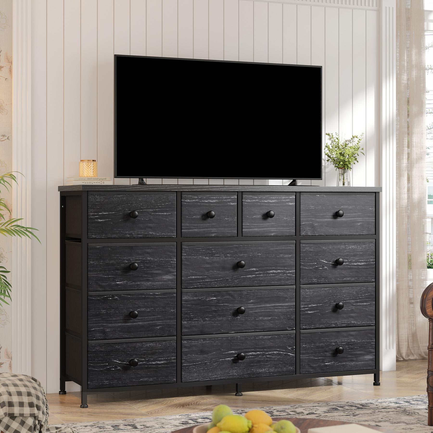 Black Dresser for Bedroom TV Stand with 13 Drawers for for 55" TV, Fabric Wide Dresser for Living Room