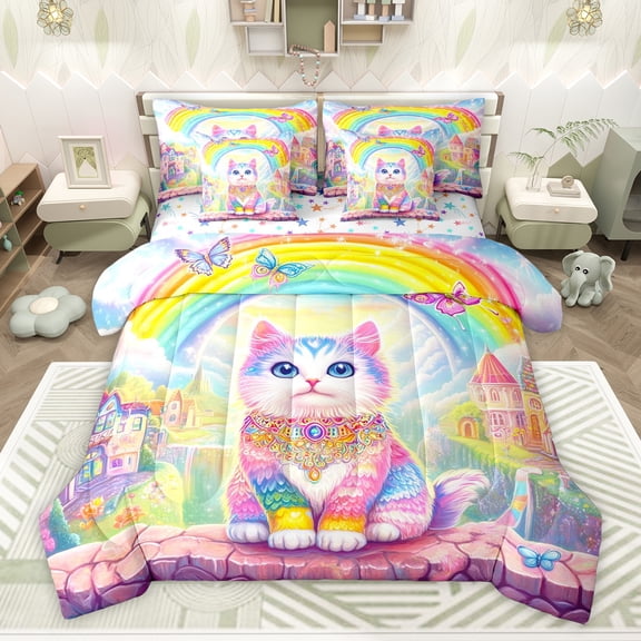 Homewish Cartoon Gradient Cat Twin Bedding Sets 7-Piece for Teenagers Boys Girls,Dreamy Princess Bedding Comforter Set Microfiber,Flying Butterflies Kawaii Rainbow Breathable Sheet Sets