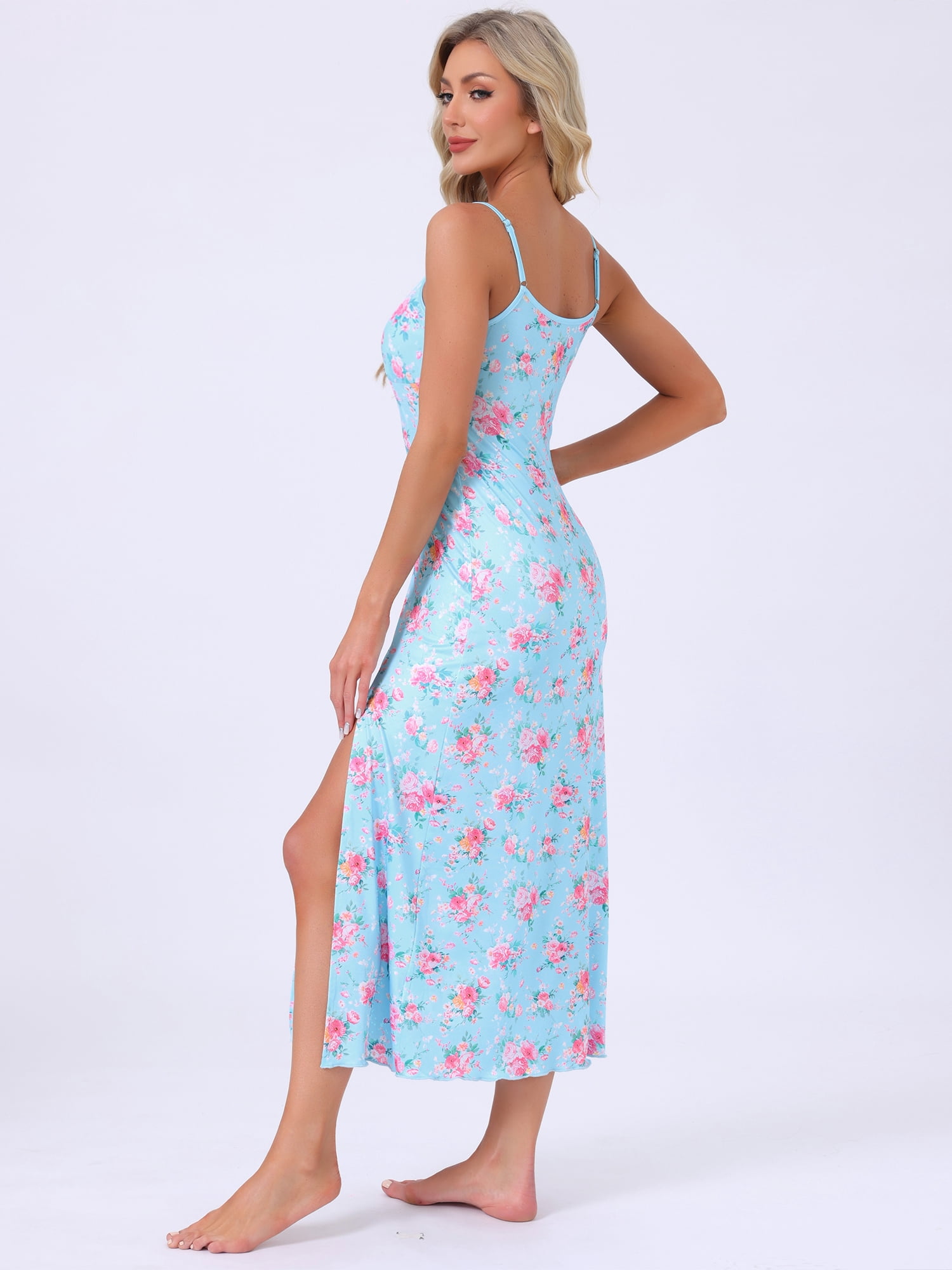 DARING DIVA Women's Sleeveless Bow Spaghetti Strap Sleepwear L Blue with Pink Floral