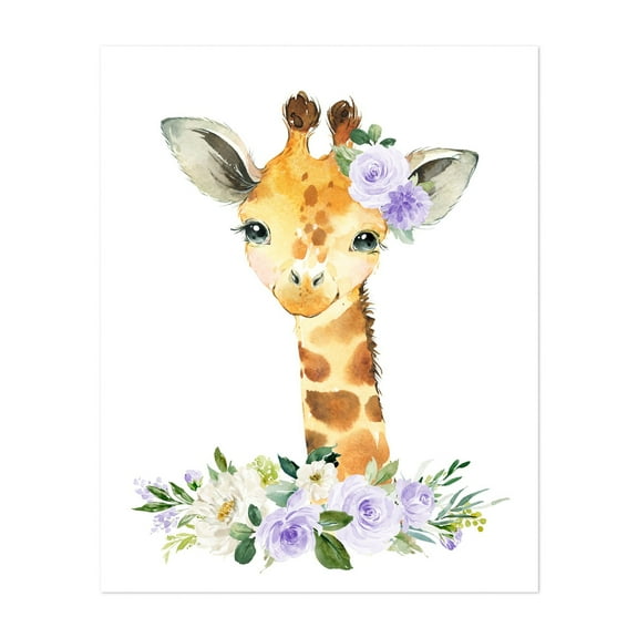 Giraffe, Jungle Animals, Safari Animals, Purple Flowers, Gender Neutral Nursery - Illustration Watercolor Animal Floral Whimsical Wildlife Flowers Unframed Wall Art Print 6 x 8 inches
